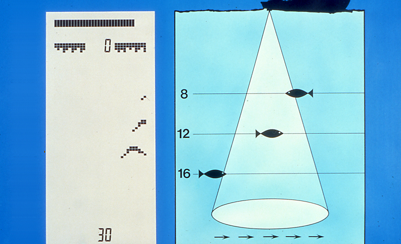 Zeichnung vom Sendekegel eines Echolots und Darstellung der Fische auf dem Display. Wo genau sich der Fisch vom Boot aus befunden hat, kann man bei einem herkömmlichen Echolot nicht sagen.