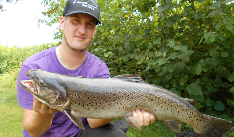 Maik Tödter mit seiner Pracht-Meerforelle aus der Weser. © M. Tödter