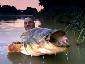 Robin Jackert mit seinem gewaltigen Wels aus einem Gewässer bei Ansbach. Länge: 2,10 Meter. © R. Jackert