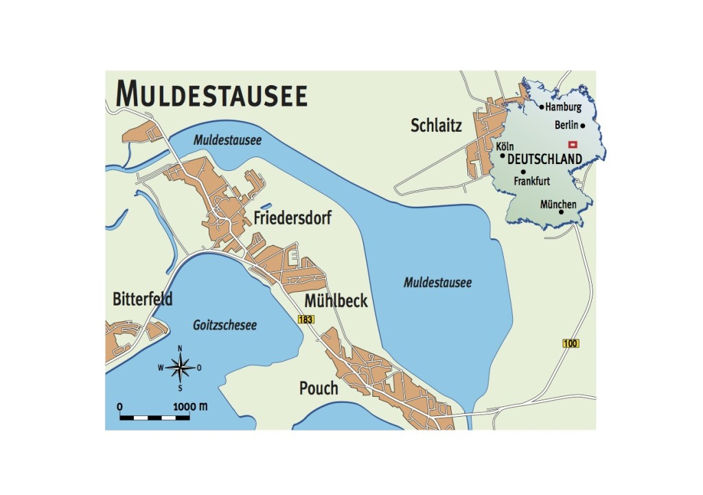 Der Muldestausee ist mit 6,3 km² Oberfläche das viertgrößte Gewässer des Landes Sachsen-Anhalt. Seine Länge beträgt ca. 9 km, seine breiteste Stelle 2 km, die größte Tiefe 35 m. Grafik: JTSV