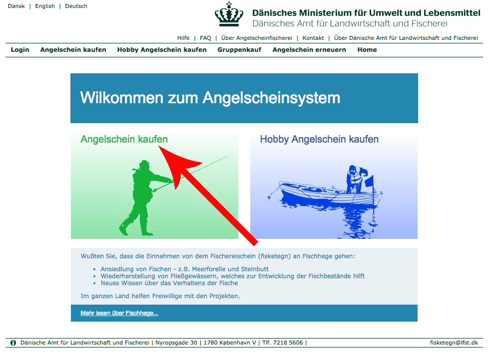 Nun kannst Du auf der Startseite zwischen den Optionen "Angelschein kaufen" und "Hobby Angelschein kaufen" auswählen. Angler sollten die Option "Angelschein kaufen" wählen. Solltet Ihr vorhaben mit Netzen zu fischen, dann die Option "Hobby Angelschein kaufen" auswählen. Screenshot: fisketegn.dk