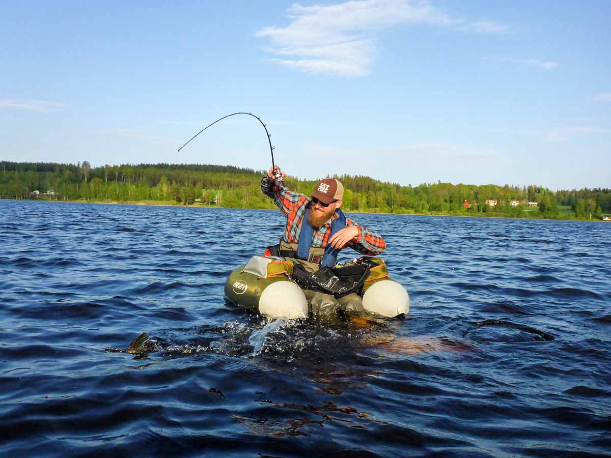 Karussellfahrt: Selbst mittlere Hechte sind in den Schären extrem kampfstark und spielen Kreisel mit Bellyboot und Angler – den freut es! Foto: J. Radtke