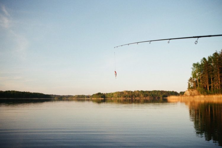 Ein angler steht am Wasser, zu sehen sind Wasser, Bäume, die Rute und ein kleiner Köder.