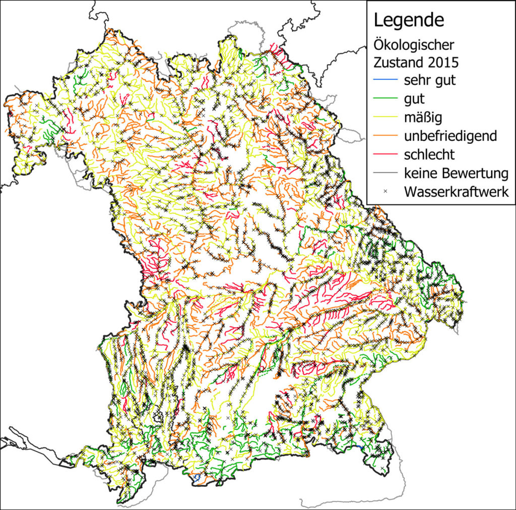 An jedem größeren und vielen kleinen Flüssen in Bayern steht ein Wasserkraftwerk. Wie man sieht, spielt die Wasserkraft bei der Erreichung eines gutes Zustandes des Gewässers eine erhebliche Rolle.