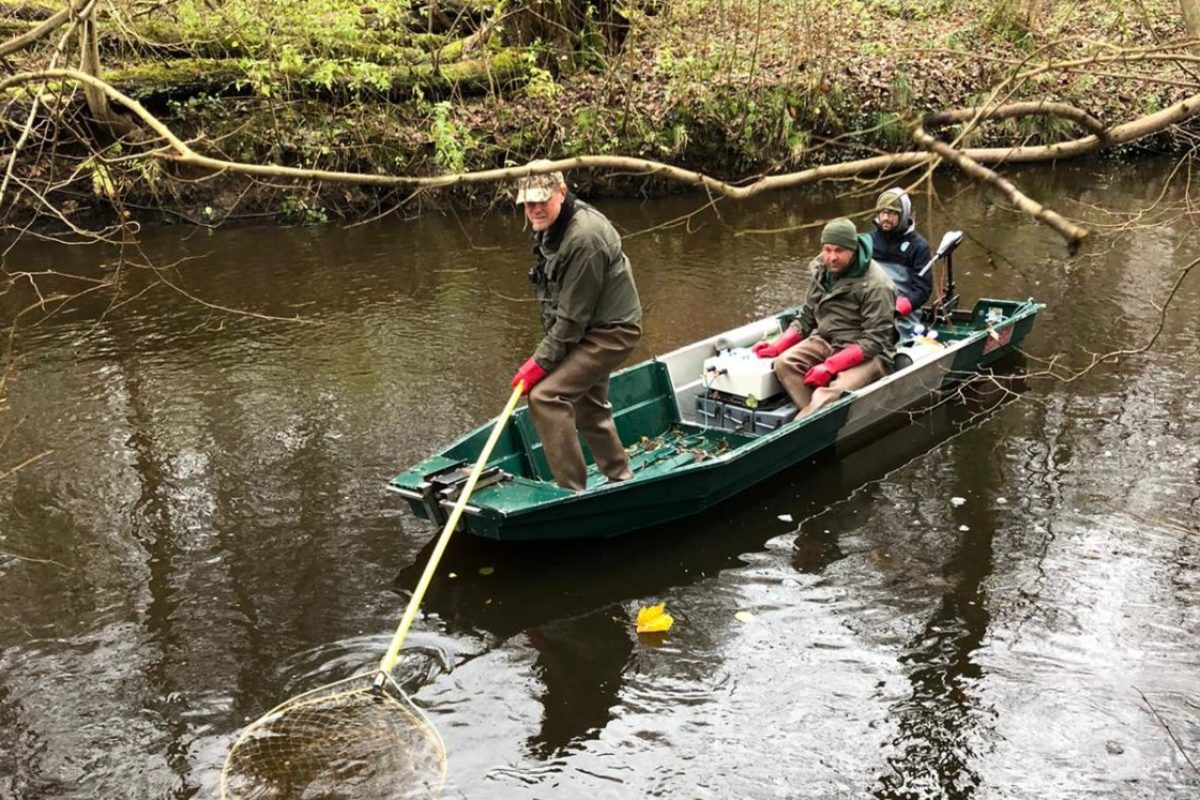 Angler auf einem Boot nutzen einen Kescher im Fluss.