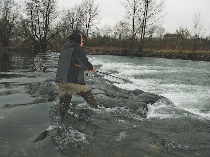 Das Pirschen im Fluss ist beim Huchenangeln nicht ganz ungefährlich. Jeder Schritt ist vorsichtig zu setzen, um nicht im Wasser zu landen. Foto: R. Ovensen