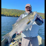 79 cm maß der Streifenbarsch, den John Vayda aus New Jersey fing. Die Fische sind Hybride aus Felsen- und Weißbarsch. Foto: NJDEP