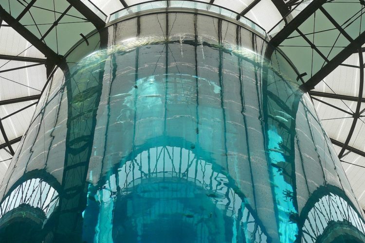 Das AquaDom in Berlin fasst 1 Million Liter Wasser. Als das Aquarium platzte, starben etwa 1.500 Fische. Foto: Wikimedia Commons