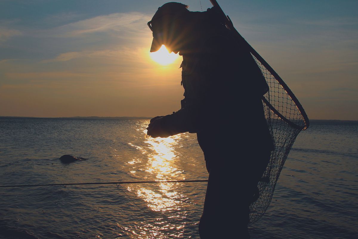 Silhouette eines Fliegenfischers am Wasser vor der untergehenden Abendsonne