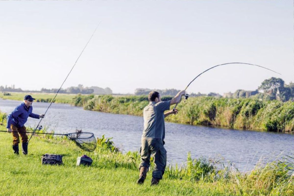 Angler mit Karpfen im Drill