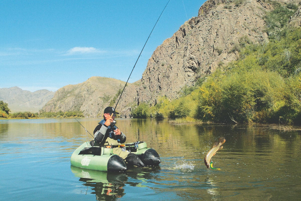 Angler auf dem Bellyboot mit Hecht im Drill