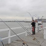 Meeresangeln im Winter: Angler auf einer Seebrücke in der Kieler Förde