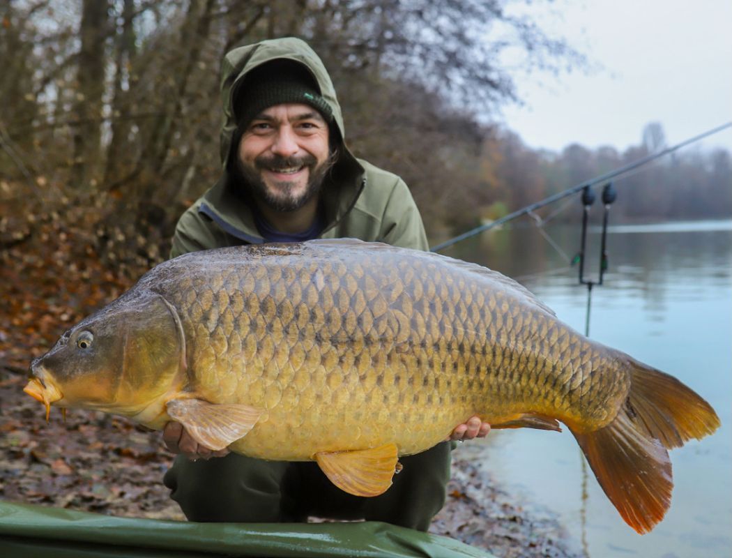 Angler mit Schuppenkarpfen