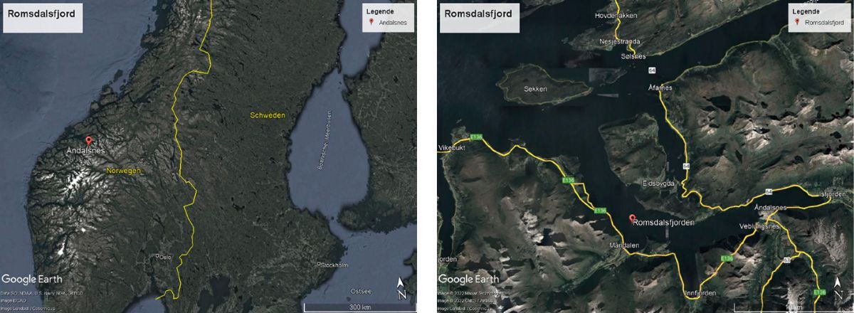 Karte des Romsdalsfjords im Westen Norwegens.