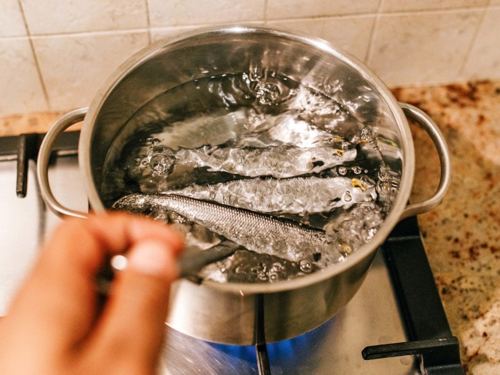 Gummifische werden gekocht, um sie weicher zu machen