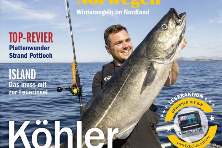 Das Cover der 108. Ausgabe von Kutter & Küste mit einem Angler, der sich über einen Köhler freut