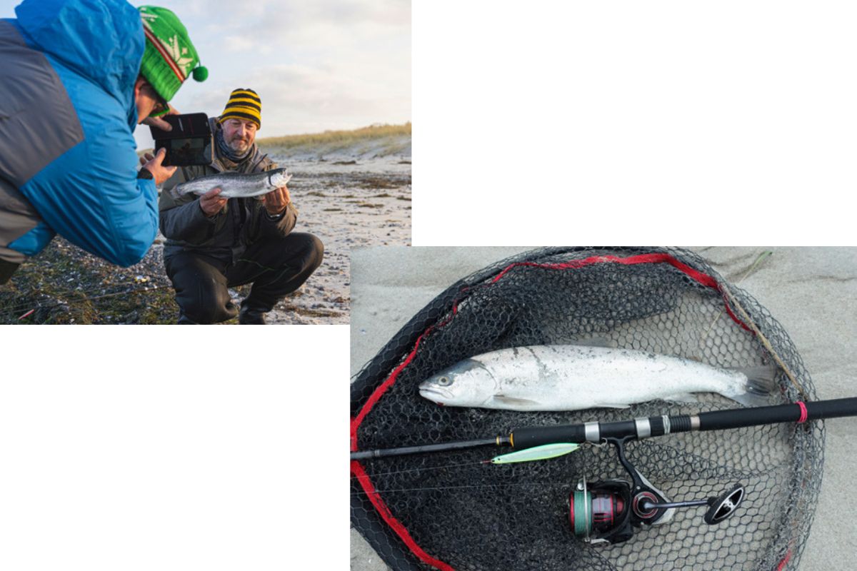 Angler mit Forelle, Ausrüstung für das Angeln auf Meerforellen am Sandstrand