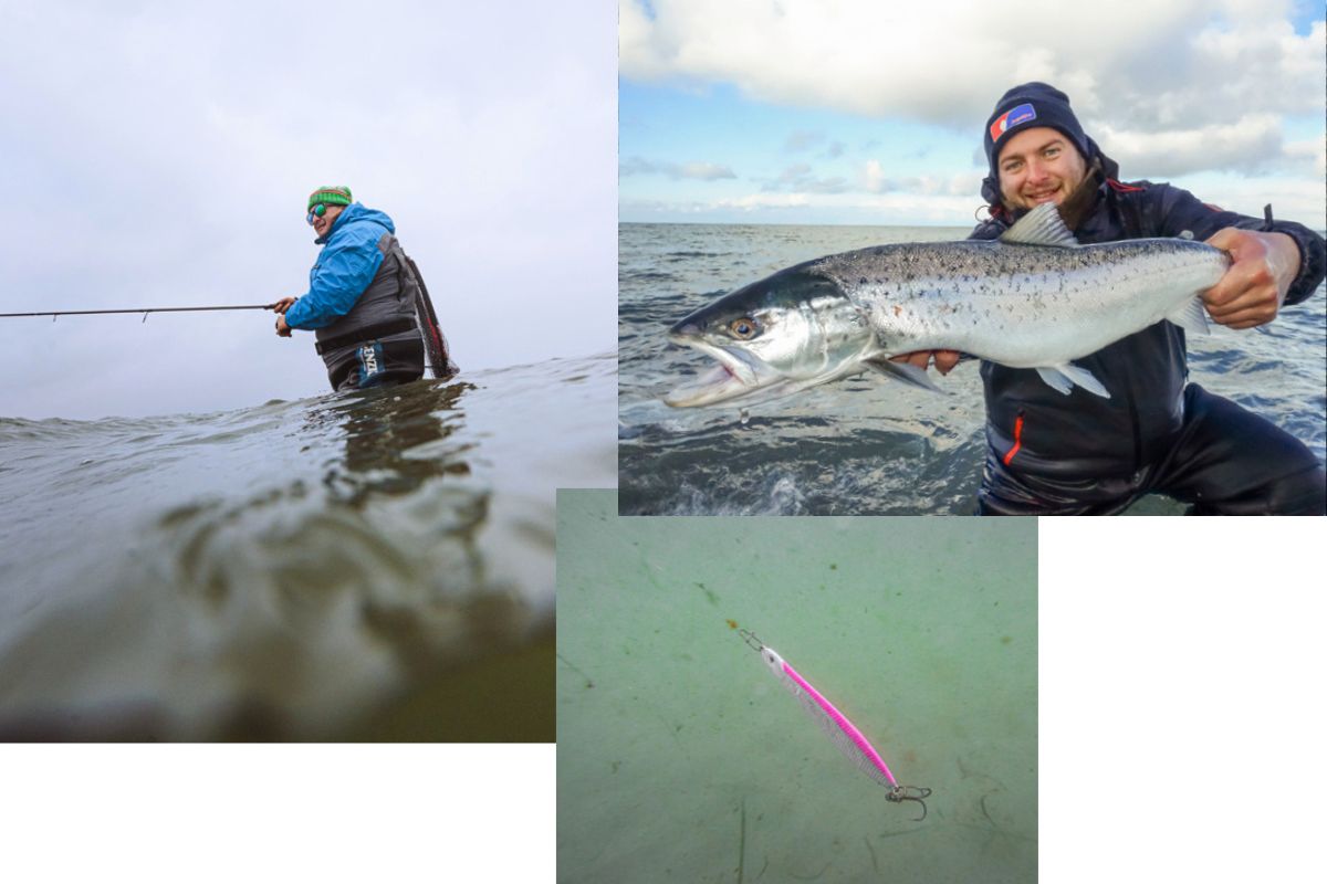 Angler mit Polbrille, pinker Meerforellenblinker, Fangbild Meerforelle am Sandstrand