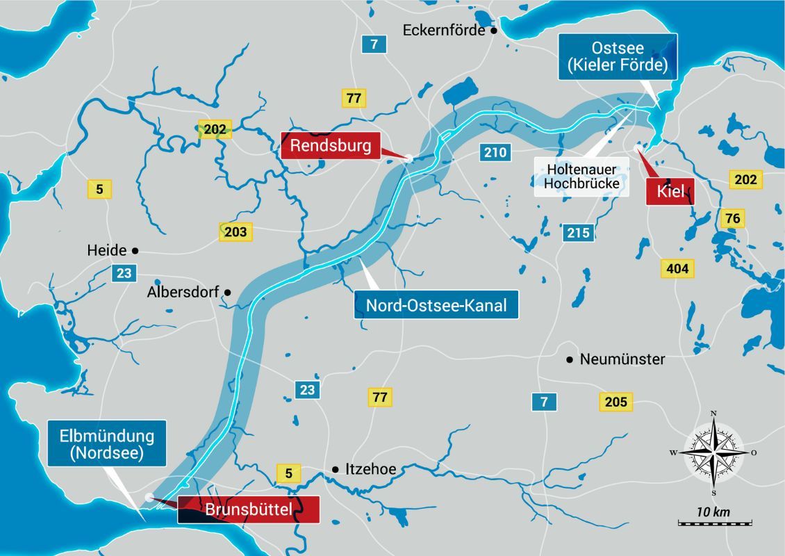 Die Karte zeigt den Verlauf des Nord-Ostsee-Kanals.